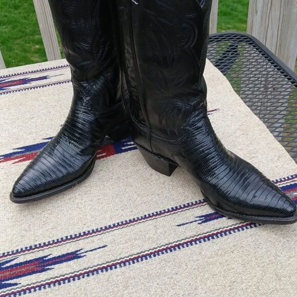 JUSTIN COWBOY WESTERN BOOTS VINTAGE 80'S BLACK LIZARD/LEATHER 7 1/2B STYLE L4705