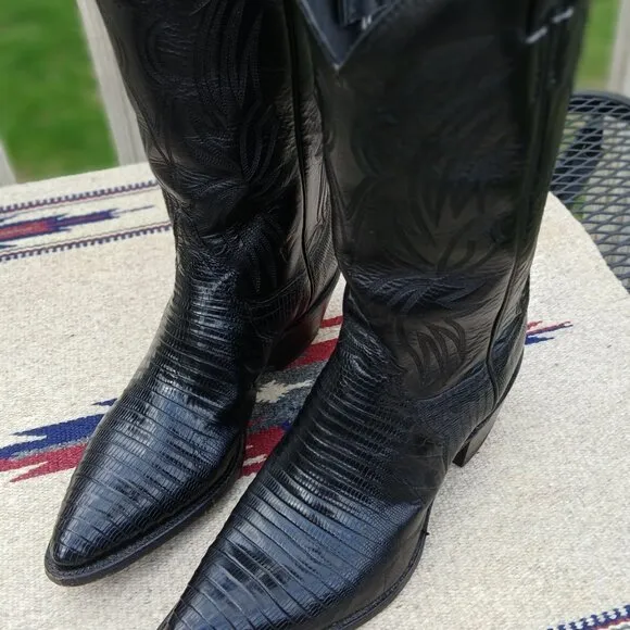 JUSTIN COWBOY WESTERN BOOTS VINTAGE 80'S BLACK LIZARD/LEATHER 7 1/2B STYLE L4705