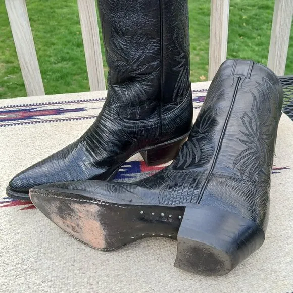 JUSTIN COWBOY WESTERN BOOTS VINTAGE 80'S BLACK LIZARD/LEATHER 7 1/2B STYLE L4705