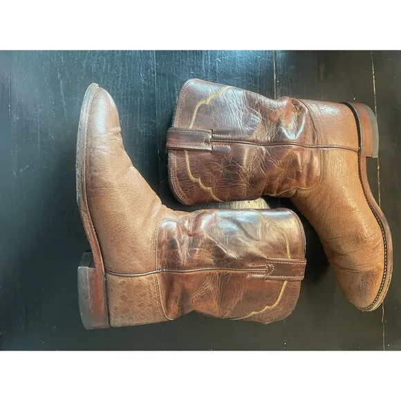 Justin Roper Boots Exotic Men's 8.5 EE Smooth Ostrich Antique Brown MADE IN USA