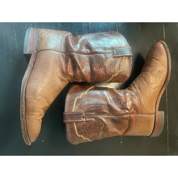 Justin Roper Boots Exotic Men's 8.5 EE Smooth Ostrich Antique Brown MADE IN USA