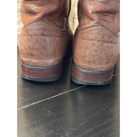 Justin Roper Boots Exotic Men's 8.5 EE Smooth Ostrich Antique Brown MADE IN USA