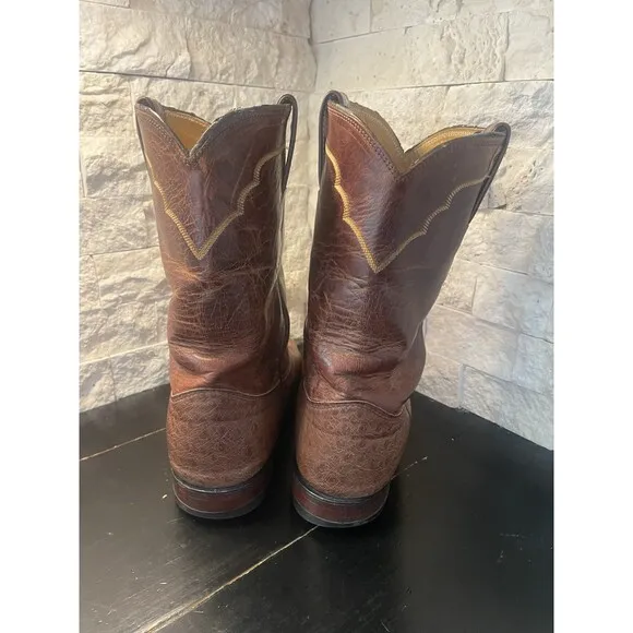 Justin Roper Boots Exotic Men's 8.5 EE Smooth Ostrich Antique Brown MADE IN USA