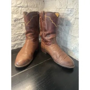 Justin Roper Boots Exotic Men's 8.5 EE Smooth Ostrich Antique Brown MADE IN USA