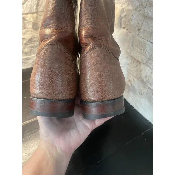 Justin Roper Boots Exotic Men's 8.5 EE Smooth Ostrich Antique Brown MADE IN USA