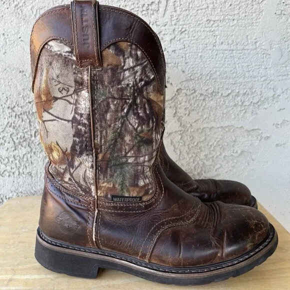 Justin Stampede Waterproof Work Boots Mens Size 10 EE Brown Leather Camo WK4675