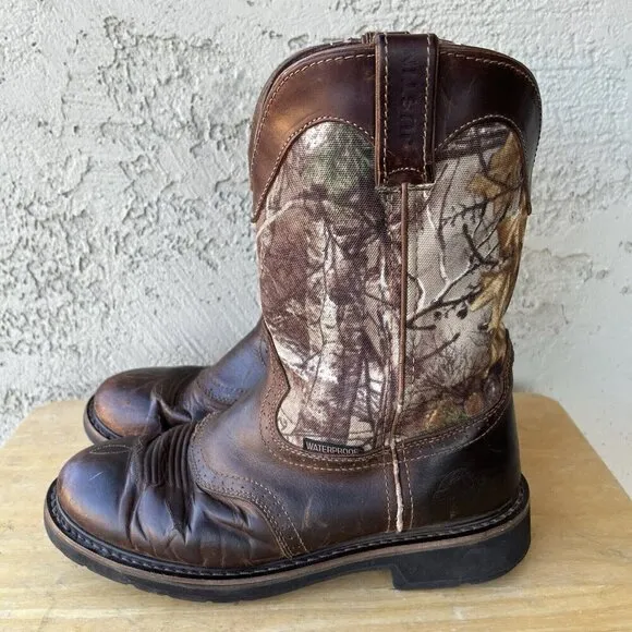 Justin Stampede Waterproof Work Boots Mens Size 10 EE Brown Leather Camo WK4675