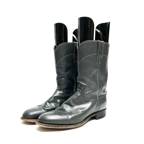 JUSTIN | Vintage 1980s mens dark gray leather western style mid calf roper boots