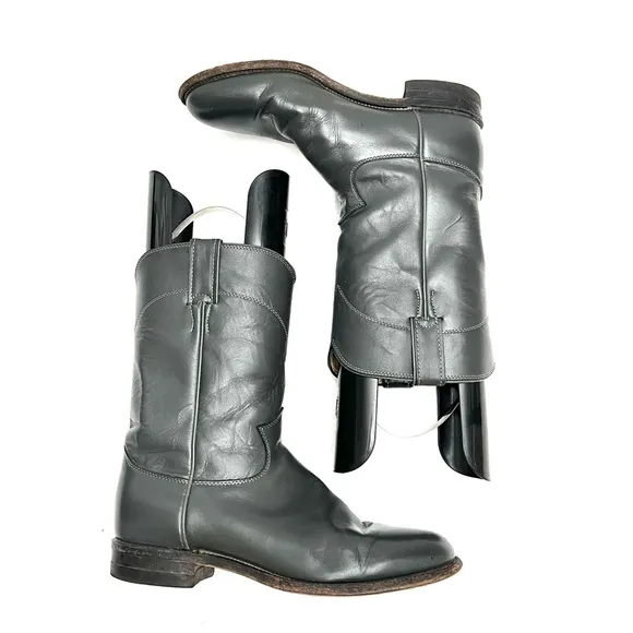 JUSTIN | Vintage 1980s mens dark gray leather western style mid calf roper boots
