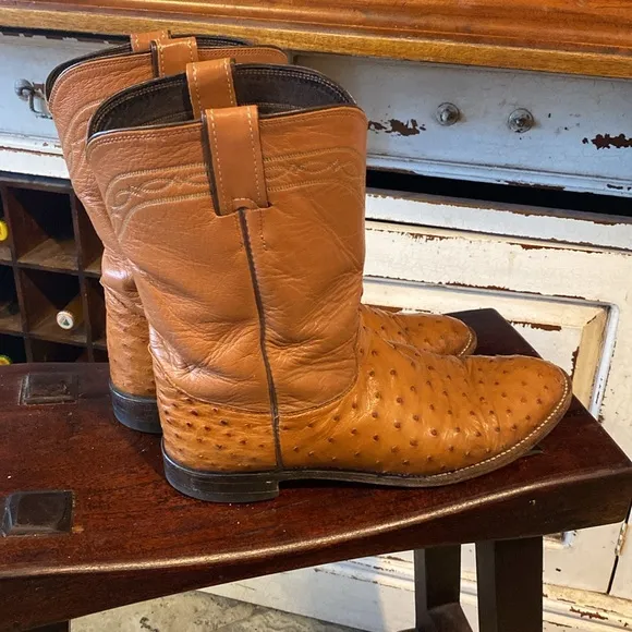 Justin Women's Cognac Full Quill Ostrich Leather Super Soft Roper Boots size 11D