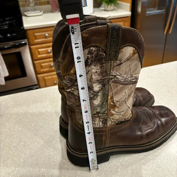 Justin Work Boots Mens SZ 9.5D Brown RealTree Camo Steel Toe Waterproof Leather