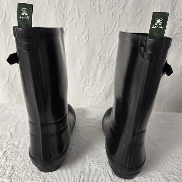 Kamik Rubber Rainboots Kids 4 Black Silver Waterproof Round Toe Mid Calf Warm