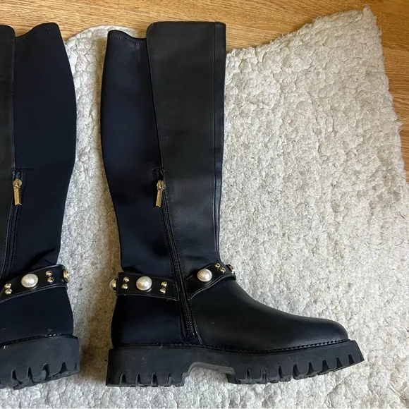 Karl Lagerfeld &quot;REESE&quot; Black Leather Pearl Detail Knee-High Boots - Size 7.5