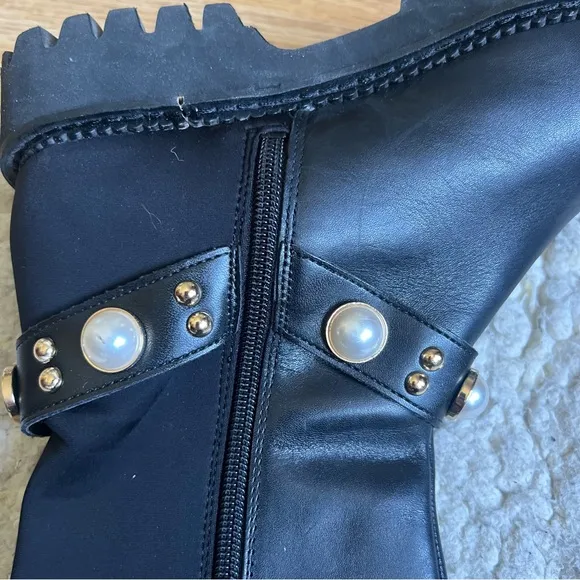 Karl Lagerfeld &quot;REESE&quot; Black Leather Pearl Detail Knee-High Boots - Size 7.5