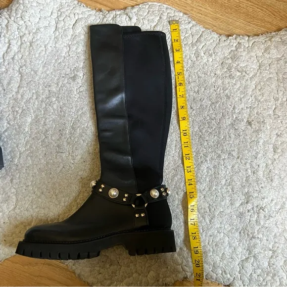 Karl Lagerfeld &quot;REESE&quot; Black Leather Pearl Detail Knee-High Boots - Size 7.5