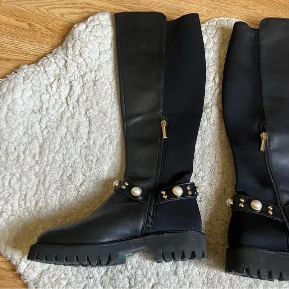 Karl Lagerfeld &quot;REESE&quot; Black Leather Pearl Detail Knee-High Boots - Size 7.5