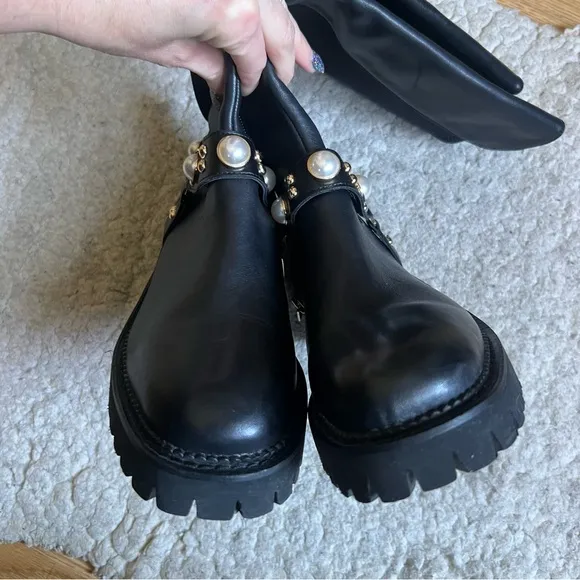 Karl Lagerfeld &quot;REESE&quot; Black Leather Pearl Detail Knee-High Boots - Size 7.5