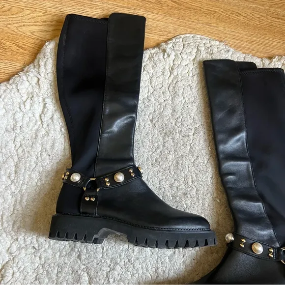 Karl Lagerfeld &quot;REESE&quot; Black Leather Pearl Detail Knee-High Boots - Size 7.5