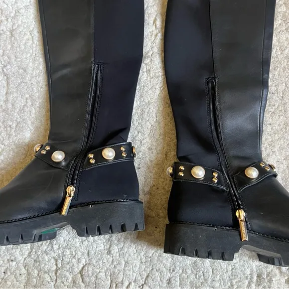 Karl Lagerfeld &quot;REESE&quot; Black Leather Pearl Detail Knee-High Boots - Size 7.5
