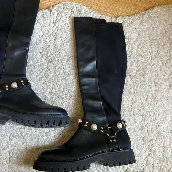Karl Lagerfeld &quot;REESE&quot; Black Leather Pearl Detail Knee-High Boots - Size 7.5