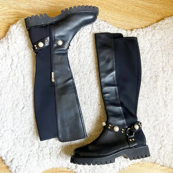 Karl Lagerfeld &quot;REESE&quot; Black Leather Pearl Detail Knee-High Boots - Size 7.5