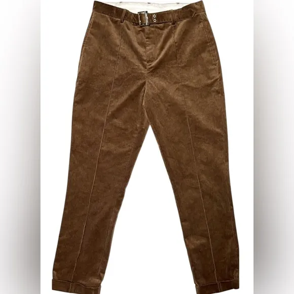 KARL LAGERFELD PARIS CORDUROY SLIM FIT PANTS BELTED PINTUCK MEN BROWN SIZE 32