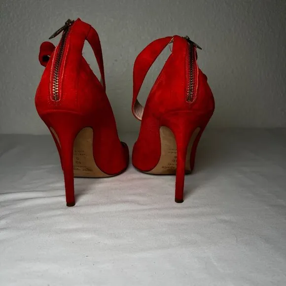 Kate Spade Levie Ankle Strap Bow Suede Stiletto Pumps Red Pointed Toe Size 10