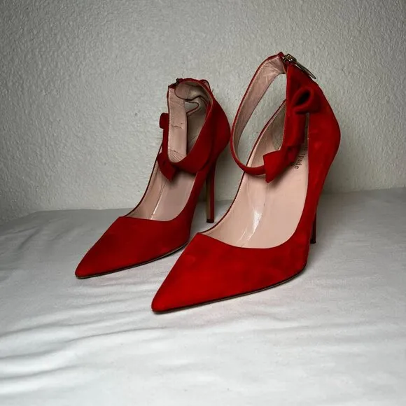 Kate Spade Levie Ankle Strap Bow Suede Stiletto Pumps Red Pointed Toe Size 10