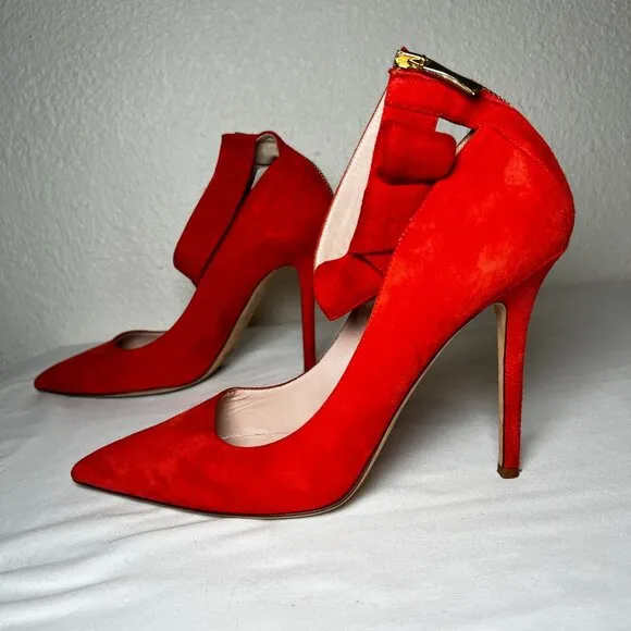 Kate Spade Levie Ankle Strap Bow Suede Stiletto Pumps Red Pointed Toe Size 10