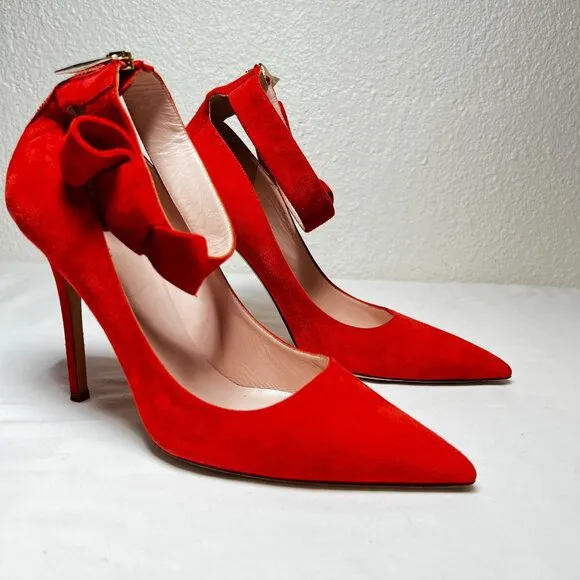 Kate Spade Levie Ankle Strap Bow Suede Stiletto Pumps Red Pointed Toe Size 10