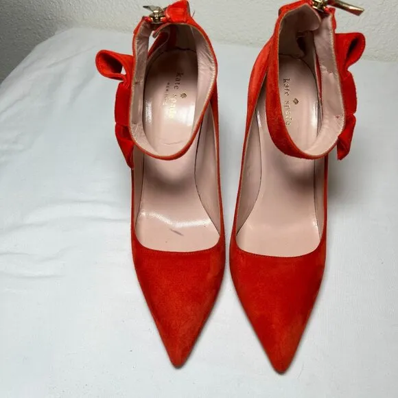 Kate Spade Levie Ankle Strap Bow Suede Stiletto Pumps Red Pointed Toe Size 10