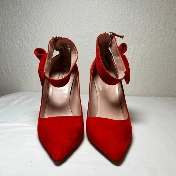 Kate Spade Levie Ankle Strap Bow Suede Stiletto Pumps Red Pointed Toe Size 10