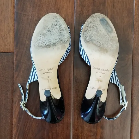 KATE SPADE NEW YORK Blue &amp; White Striped Open Toe Slingback Sandals - Size 7