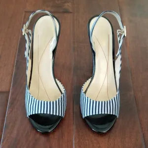 KATE SPADE NEW YORK Blue &amp; White Striped Open Toe Slingback Sandals - Size 7