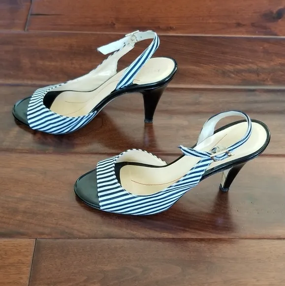 KATE SPADE NEW YORK Blue &amp; White Striped Open Toe Slingback Sandals - Size 7
