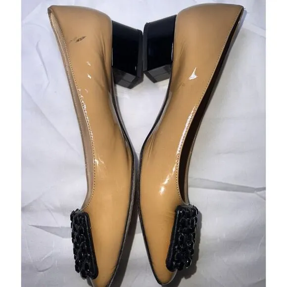 Kate Spade New York Shoes Size 6.5 Tan Patent Block Heel Pump Black Jeweled Toe