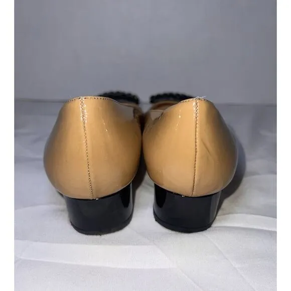 Kate Spade New York Shoes Size 6.5 Tan Patent Block Heel Pump Black Jeweled Toe