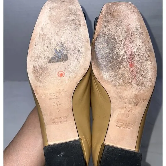 Kate Spade New York Shoes Size 6.5 Tan Patent Block Heel Pump Black Jeweled Toe