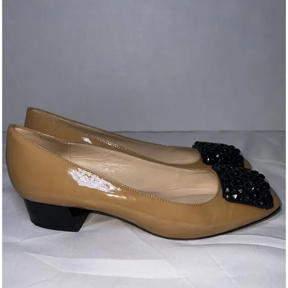 Kate Spade New York Shoes Size 6.5 Tan Patent Block Heel Pump Black Jeweled Toe