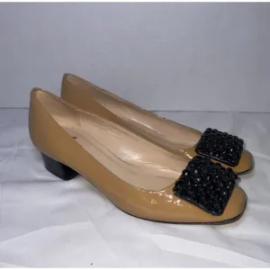 Kate Spade New York Shoes Size 6.5 Tan Patent Block Heel Pump Black Jeweled Toe