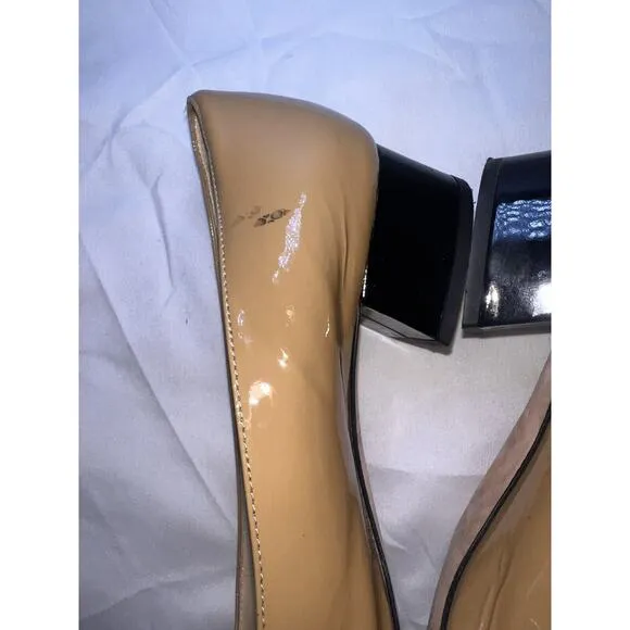 Kate Spade New York Shoes Size 6.5 Tan Patent Block Heel Pump Black Jeweled Toe