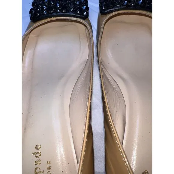 Kate Spade New York Shoes Size 6.5 Tan Patent Block Heel Pump Black Jeweled Toe