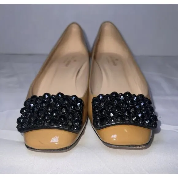 Kate Spade New York Shoes Size 6.5 Tan Patent Block Heel Pump Black Jeweled Toe