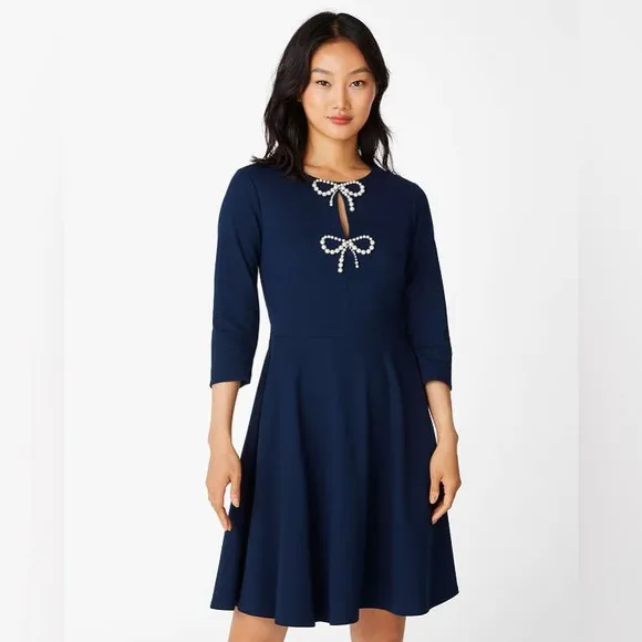 ♠️kate spade Pearl Bow Ponte Dress, Parisian Navy NWT