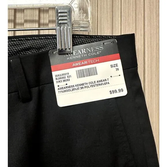 Kenneth Cole Awearness Men's Stretch Slim Fit Wool Dress Pant Size 36