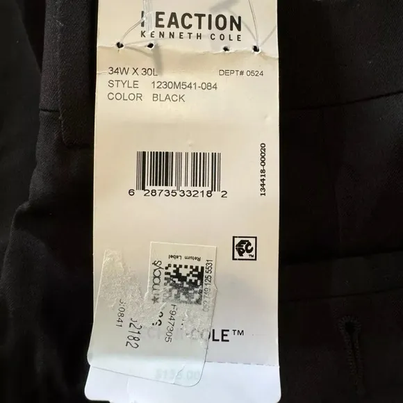 Kenneth Cole Reaction Men’s Pants Black Slim Fit Dress Pants 34Wx30L