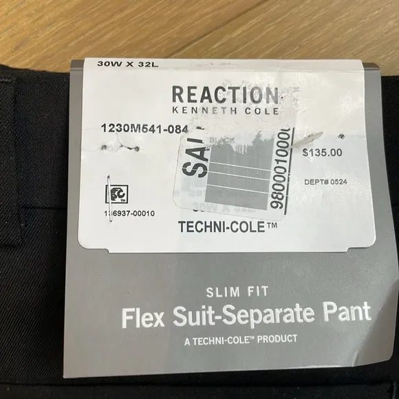 Kenneth Cole Reaction Men’s Slim Fit Black Suit Dress Pants 30Wx32L - NWT