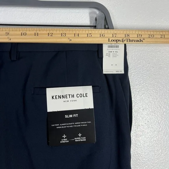 Kenneth Cole Slim Fit Indigo Dress Pants Mens 34 x 32 Flex Waistband Stretch