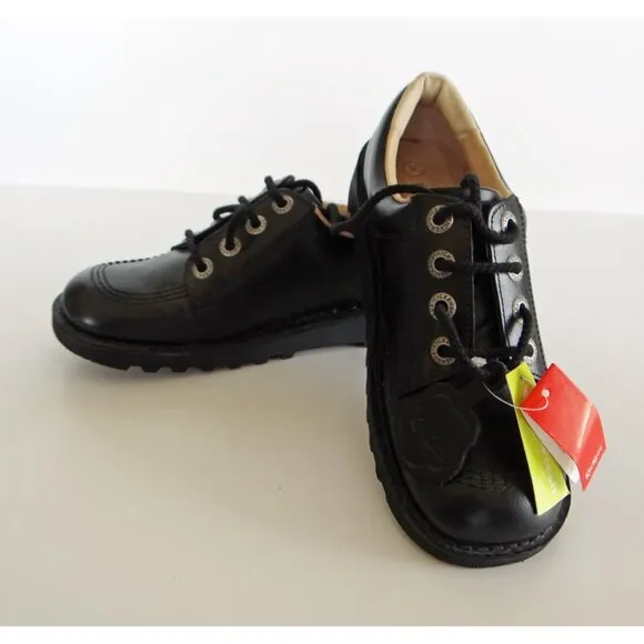 Kickers Kick Lo Kid's Lace Up Leather Shoes In Black Size 2