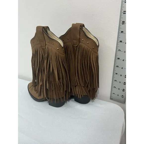 Kids Old West 8.5 D Brown Suede Fringe Midcalf Pull On Western Boots NWOT